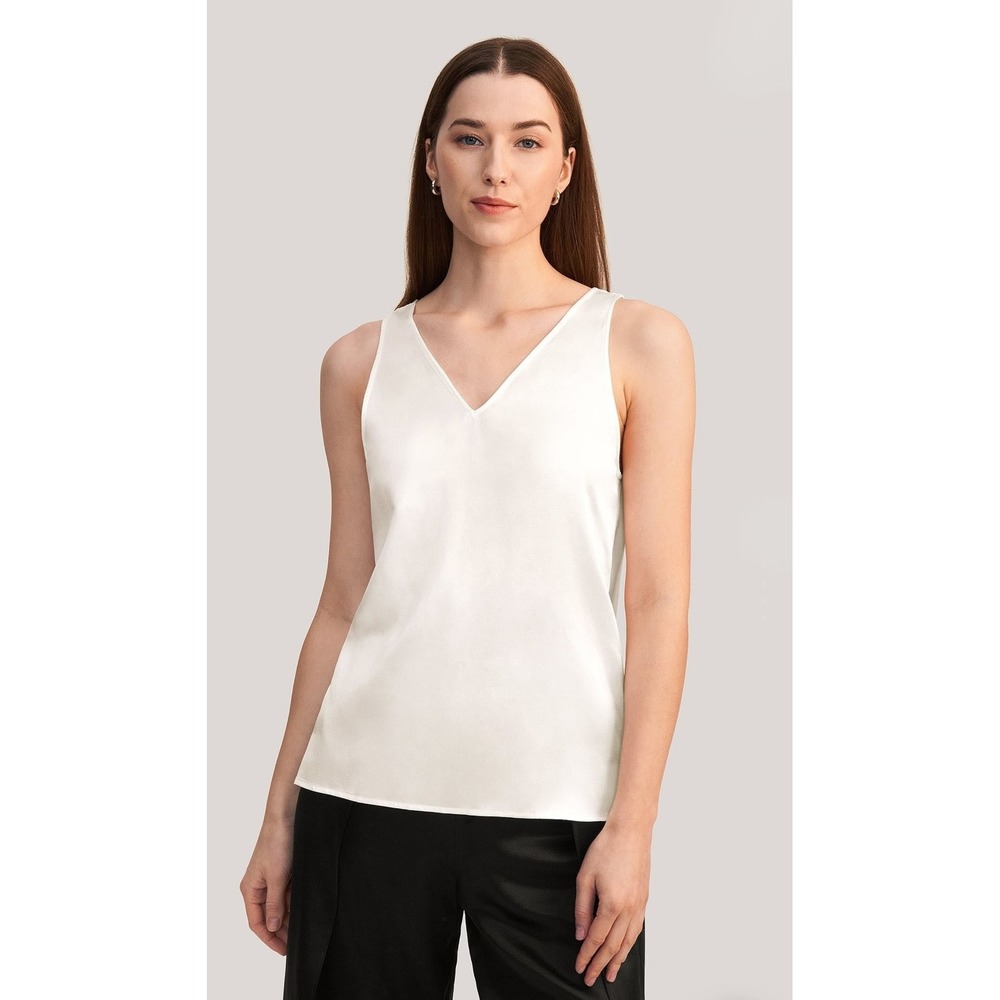 LILYSILK Women Silk Tank Top Size 10 White V-Neck Mulberry Silk Blouse luxury